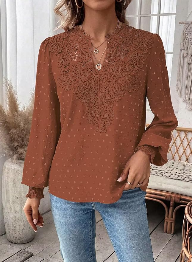Womens Tops Swiss Dot Boho Long Sleeve Shirts V Neck Casual Chiffon Blouses Flowy Lace Hem Cute Clothing Trendy 2026
