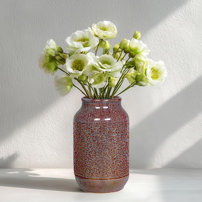 Brown Ceramic Vase for Home Decor - 9 Inch Farmhouse Pottery Vase for Pampas Grass, Decorative Vases for Flowers, Farmhouse Decor, Kitchen, Mantle, Fall Decoration