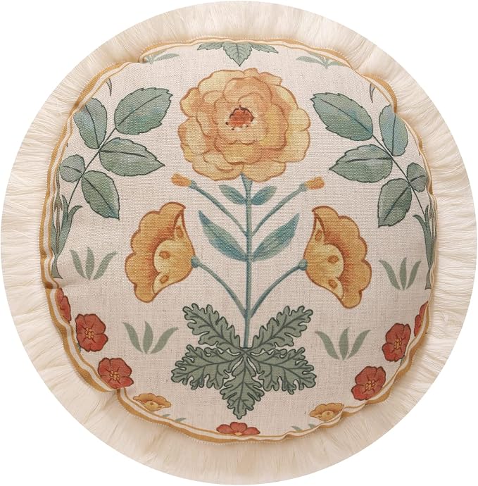 patdrea Vintage Linen Throw Pillow Cover,Diameter 16"-RosaSilvestre E | French Decorative Pillow Case,Yellow Floral Pattern,Cushion Coverfor Couch Living Room Bedroom,Fringe Trim