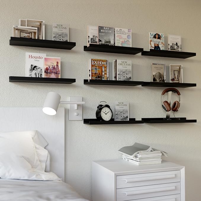RICHER HOUSE 8-Set Floating Shelves with Lip, Black Wall Mounted Wood Shelf | Display Picture Ledge Shelf, Anti-drop lip Shelf for Room Wall Decor, Bedroom Bathroom Storage Nursery Hanging Book Shelves