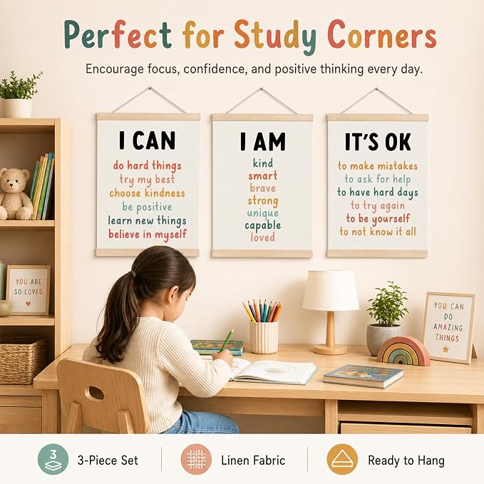 Koesus Inspirational Classroom Wall Art Poster Hanger Frame 12x16 Inch Set of 3, Positive Affirmations for Kids, Motivational Canvas Pictures Prints Framed Wall Decor for Classroom Kids Room Playroom