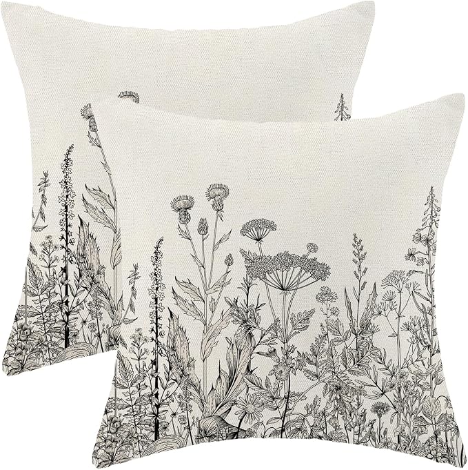 AEIOAE Black White Gray Pillow Covers 18x18 Inch Set of 2, Spring Wildflower Plant Throw Pillows Case,Seasonal Floral Outdoor Decorative Flowers Farmhouse Decor Cushion Covers for Home Sofa Bed Couch
