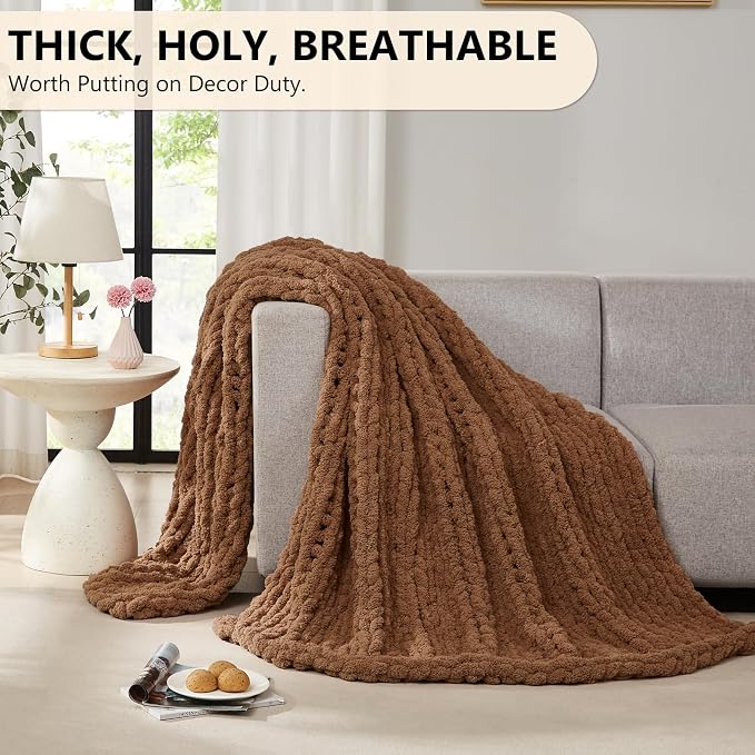 L'AGRATY Chunky Knit Throw Blanket for Couch, 80'' x 90'' Knit Throw, Brown | Handmade Chenille Crochet Blanket for Sofa Bed, Thick Cable Knitted Blankets for Room Home Decor, Birthday Gift for Women Mom