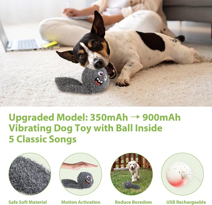 PETGEEK Upgraded Vibrating Squeaky Dog Ball, Rechargeable 900mAh, Grey