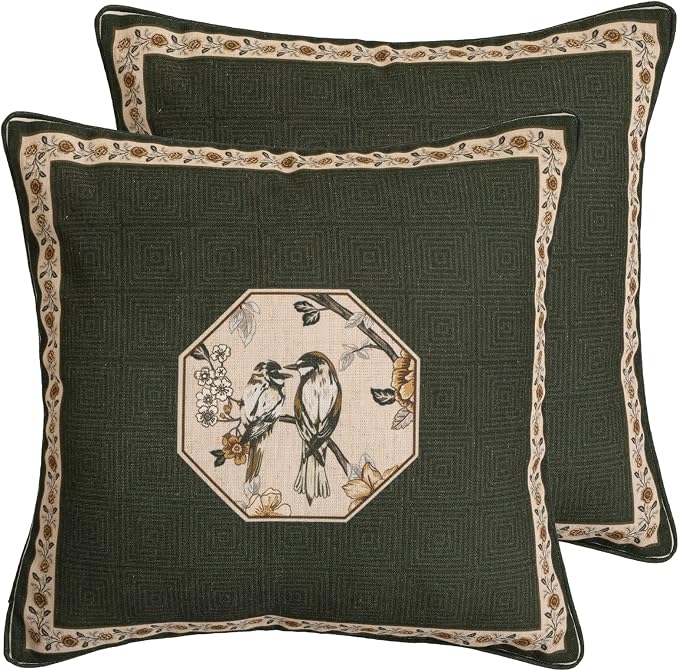 Vintage Linen Square Throw Pillow Cover,Set of 2,18"x18"-Murad E | Designer French Green Pillow Cover,Concealed Zipper Design,Floral and Bird Pattern,Sofa,Bedroom,Living Room,Lounge Chairs