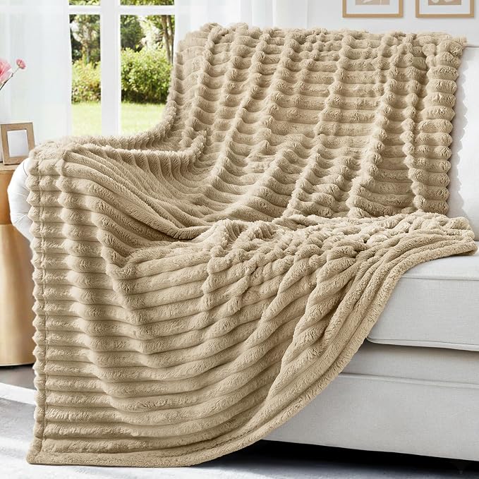 decorUhome Light Brown Fleece Queen Blanket 90x90 Inches | Soft Fleece Bed Cozy Fluffy Plush Flannel Large Striped Throws for Couch Sofa, Decorative Fuzzy Blanket for Woman