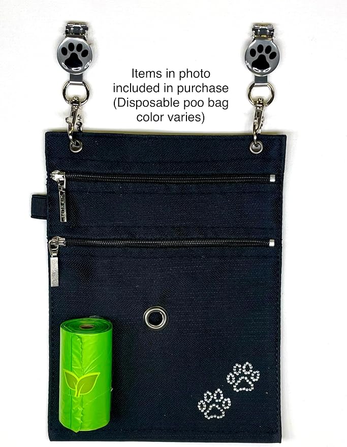 clippable Dog Poop-Bag Dispenser and Treat Pocket, Big Enough for Your Phone and Keys, Perfect Dog Walking Accessory. (Large, with Rhinestone Paw Prints)