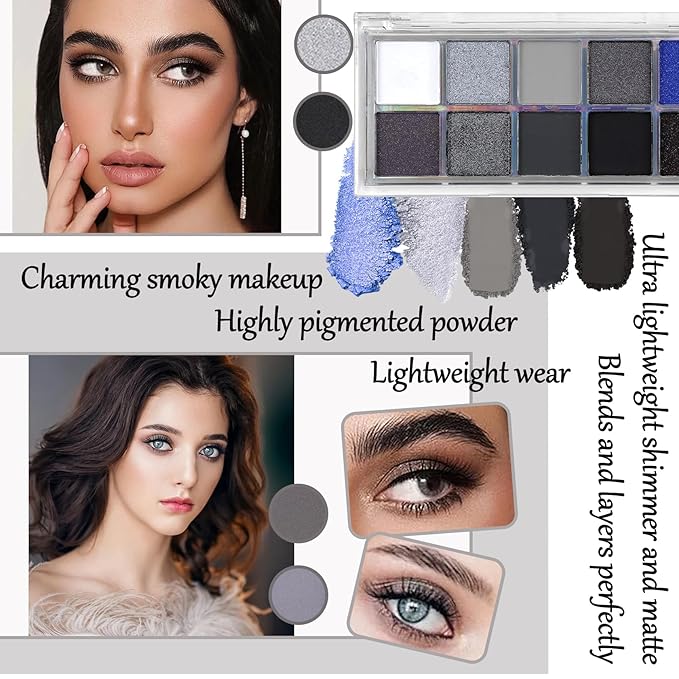 Black Grey Smoky Eyeshadow Palette,15 Colors Matte Shimmer Pigmented Eye Shadow Makeup Palette Set with 3 Eyeshadow Brushes,Glitter Eye Shadow Palette for Daily Halloween Goth Makeup(E)