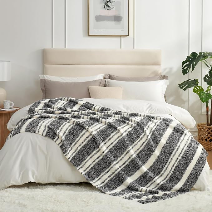 Snuggle Sac Heather Throw Blanket for Couch, Reversible Super Soft Blankets Warm Cozy Knit Fuzzy Plush Lightweight for Sofa, Bed, Camping, Picnic (Stripe Black, Queen (90"x90"))