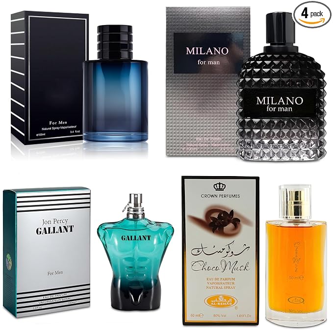 AFLUXE 4-Piece Cologne for Men Includes Choco Musk/SE/Gallant/Milano Scent of Woody, Spicy, Citrus & Aromatic eau de parfum Men Gift Set Each 100Ml for Daily Use