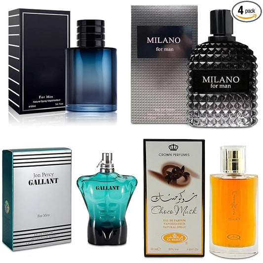 AFLUXE 4-Piece Cologne for Men Includes Choco Musk/SE/Gallant/Milano Scent of Woody, Spicy, Citrus & Aromatic eau de parfum Men Gift Set Each 100Ml for Daily Use