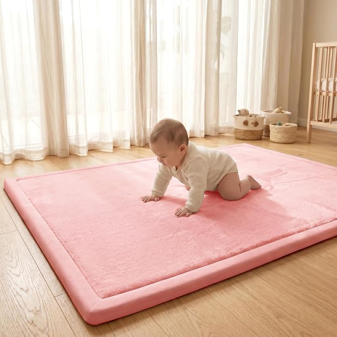ACOMOPACK Baby Play Mat for Floor 1.3" Thick Memory Foam Play Mat 39"×59" Tummy Time Crawling with Non-slip Bottom for Living Room,Nursery,Soft Velvet Playpen Mats for Kids,Infants（Pink）
