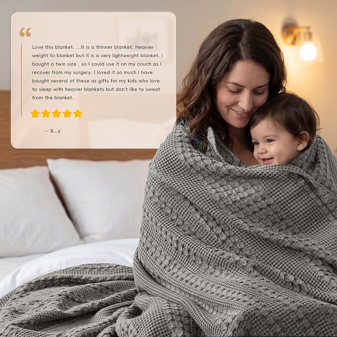 PHF 100% Cotton Waffle Blanket Twin Size, Lightweight Breathable Summer Blanket for Hot Sleepers, Pre-Washed Soft Layer for Bed, Dorm, Couch & Guest Room, Home Decor Gift, 66"x90", Dark Grey