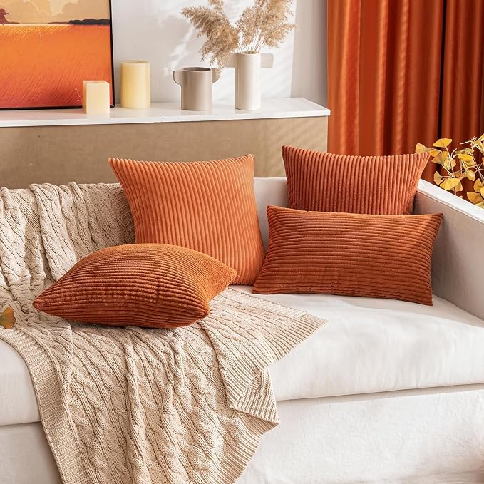MIULEE Fall Decorative Corduroy Throw Pillow Covers Set of 2 16x16 Rust | Soft Striped Textured Cushion Cases, Boho Rustic Square Pillowcases for Home Decor, for Couch Chair Sofa Bed Living Room