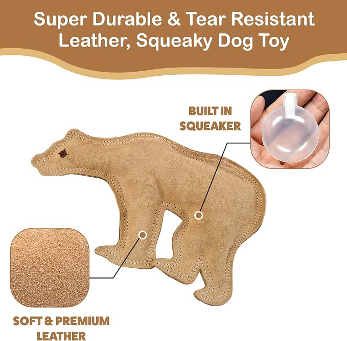 SPOT Dura-Fused Leather Bear Dog Toy – Durable Real Leather & Jute Chew Toy with Squeaker, Double-Stitched for Moderate Chewers, Medium & Large Dogs, 11.5in