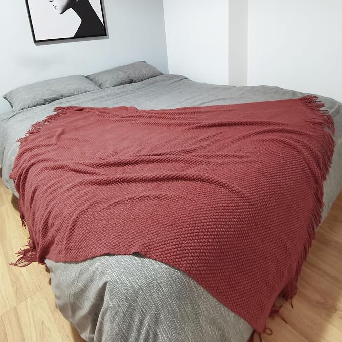 LOMAO Knitted Throw Blanket with Tassels Bubble Textured Soft Blanket Lightweight Throws for Couch Cover Home Decor (Red Mud, 50x60)