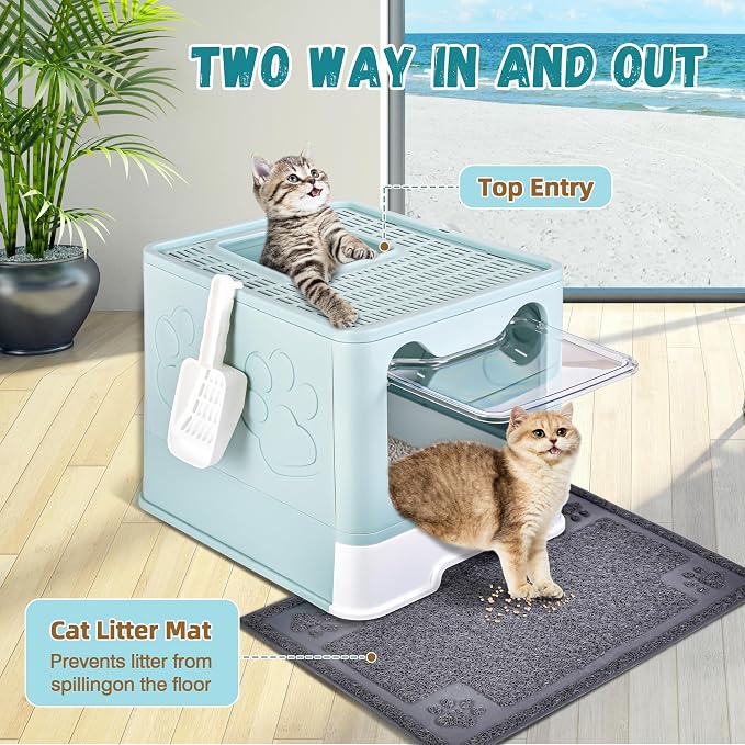 Covered Cat Litter Box, Extra Large Drawer Design with Dual Entry,Baby Blue | 13L litter capacity, adjustable door, leakproof structure, cleaning accessories, complimentary cat litter mat