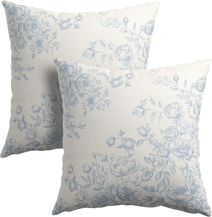 Kawani Chinoiserie Floral Throw Pillow Covers 18x18 Inch Set of 2, Vintage Light Blue White Flower Square Pillowcase Cotton Linen Cushion Case Farmhouse Home Decor for Sofa Couch Bed