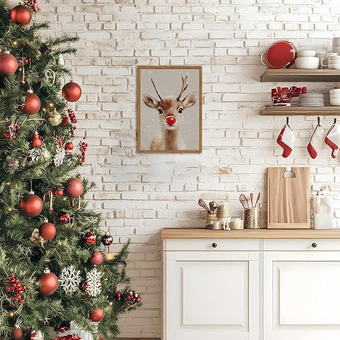 Framed Christmas Wall Art, Vintage Red Nose Reindeer Canvas Wall Decor Paintings, Rustic Winter Cute Deer Pictures Prints Farmhouse Home Decoration for Living Room Bedroom 12×16 inch