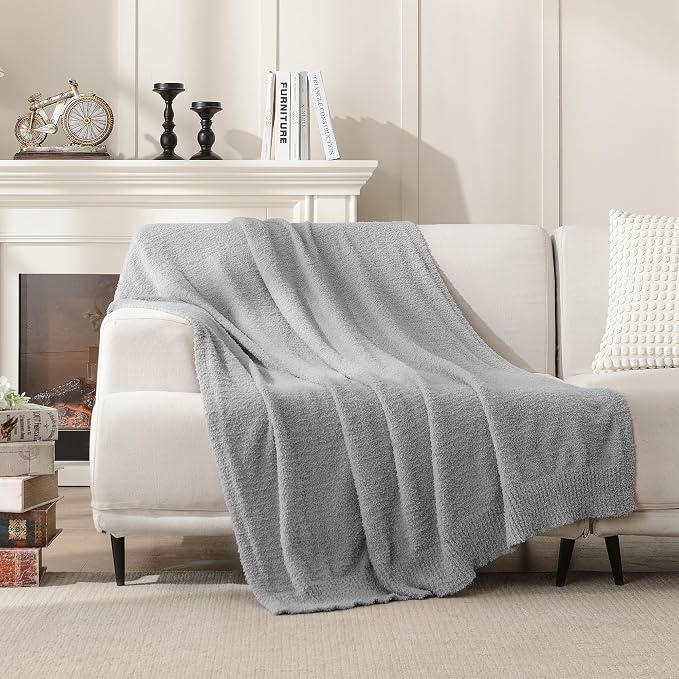 Grey Throw Blanket for Bed, Super Soft Knit Blankets, Cozy Fleece Fuzzy Fluffy Plush Chenille Throws Blanket for Couch, Sofa, Light Gray, 60 x 80 inches