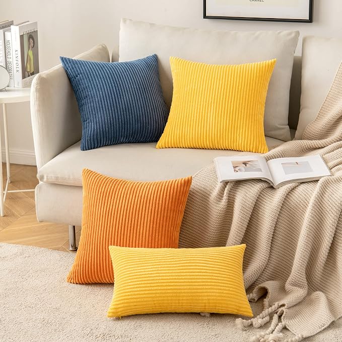 MIULEE Fall Soft Corduroy Throw Pillow Covers Set of 2 18x18 Golden Yellow | Decorative Striped Textured Cushion Cases, Boho Energetic Vibe Pillowcases, Home Decor for Couch Chair Sofa Bed Living Room