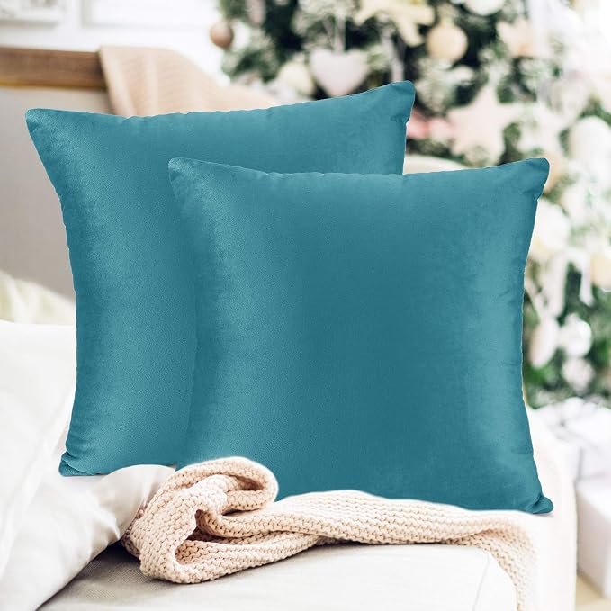 Nestl Throw Pillow Inserts Pack of 2 with Velvet Soft Solid Decorative Square Throw Pillow Covers Set for Sofa Couch Car Bedroom, 26X26 Throw Pillows Inserts with 24x24 Washable Cushion Covers, Teal