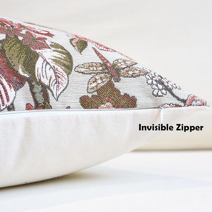 Neutral Floral Pillow Cover 12x20, Vintage Linen Lumbar Pillow Cover Soft Decorative Farmhouse Accent Pillow Case for Couch Bedroom Living Room Home Decor, Red