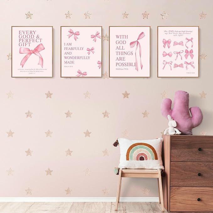 LARTSFRO Coquette Pink Bow Wall Art Decor Posters, Pink Bow Christian Room Bedroom Bathroom Dorm Wall Art Decor for College Teen Girls Kids Gifts, Inspirational Bible Verses Bow Wall Decor, 10x8 Inch Set of 4 Pcs Bow Pictures (UNFRAMED)