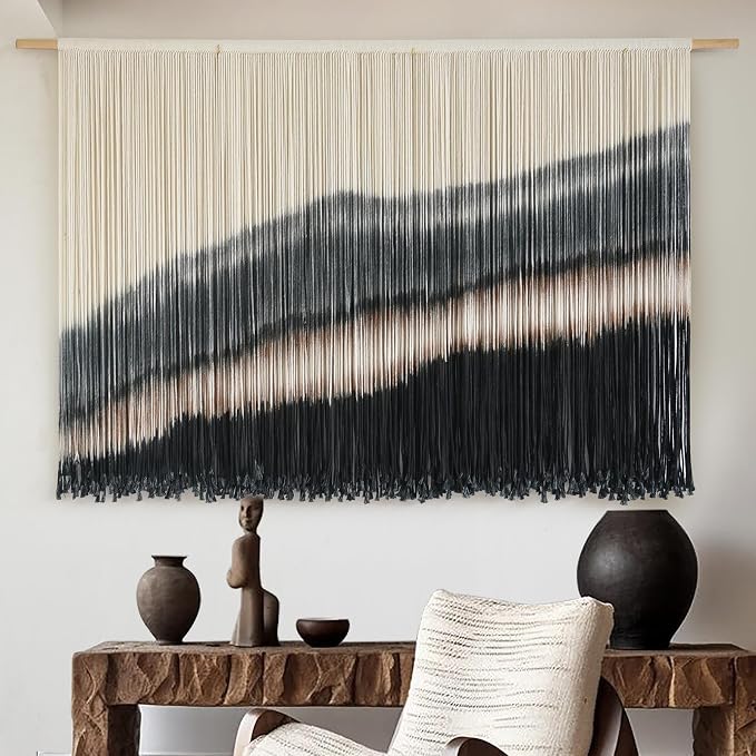 Jakalin Macrame Wall Hanging Black Dip Dye Fiber Tapestry Handmade 57"x35" | Fiber Yarn Wall Art,Craftsmanship,Hand-dip Dyed, Boho Style to Bedrooms, Living Rooms, Nursery ,Couch,or Entryways.