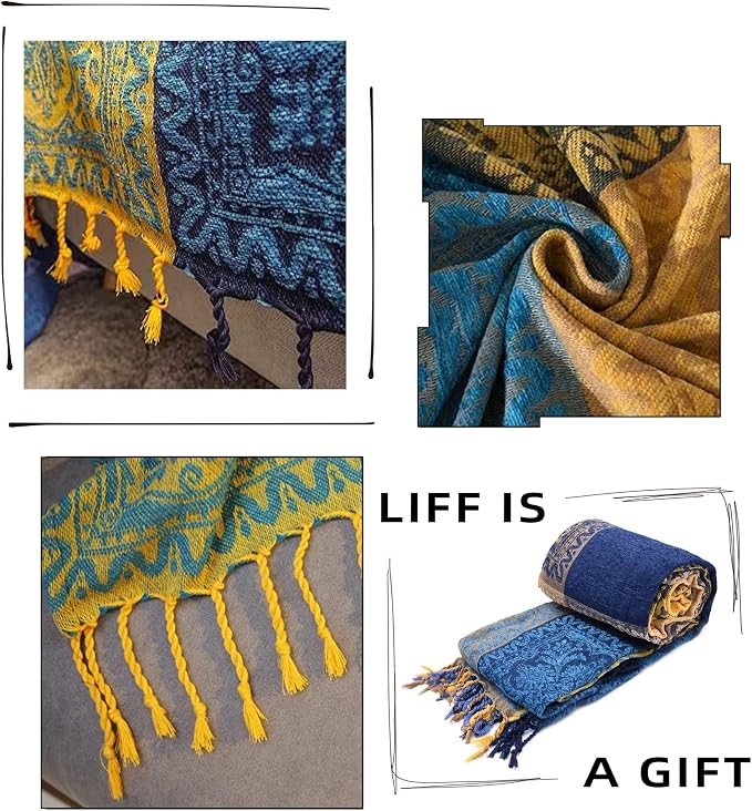 Bohemian Throw Blanket for Couch，Colorful Chenille Tassels Boho Woven Hippie Throw Blankets for Couch Bed Sofa Chair Recliner Loveseat, Bohemian Fringe Tassels Decor Home(Blue, S:60x75)