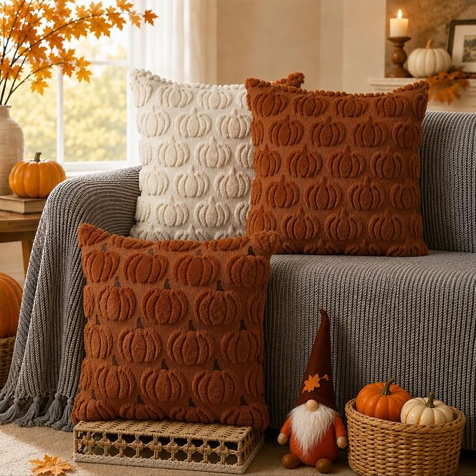 DFXSZ Fall Pillow Covers 18x18 2Pcs Rust Beige Pumpkin Fall Decorations | Fall decor Set of 2 Throw Pillow Cases Soft Plush Faux Fur Wool Couch Cushion for Chair Sofa Bedroom Living Room Home Decor