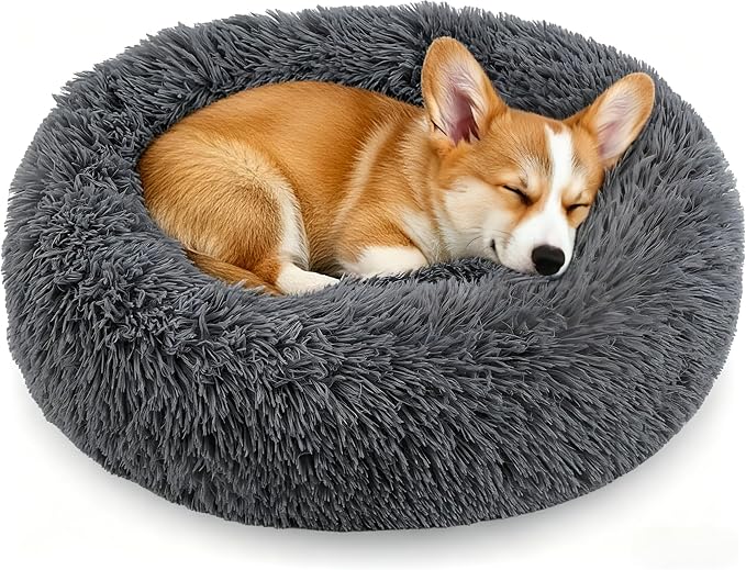 Calming Donut Dog and Cat Bed for Indoor Cats, Anti-Anxiety Round Fluffy Soft Washable Small Pet Bed for Puppy and Kitten, Warming Comfortable Luxury Anti-Slip Waterproof Mute Base 20in Dark Gray