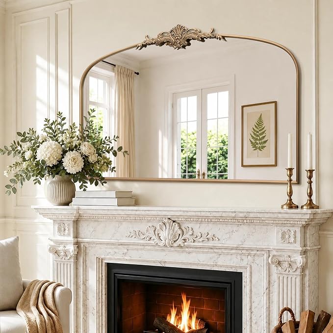 Besdomus Antique Arched Gold Mirror: 55"x36" Extra Large Brass Decorative | French Vintage Baroque Ornate Metal Frame for Home Renovation - Ideal for Double Vanity/Entryway/Fireplace Mantel/Living Room