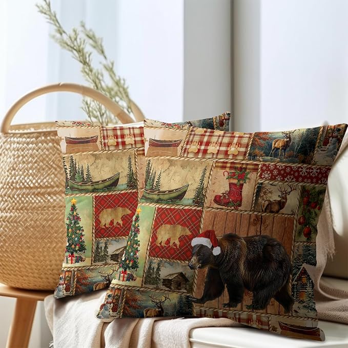 Kawani Christmas Bear Throw Pillow Covers 20x20 Inch - Set of 2 Xmas Log Cabin Wildlife Winter Cotton Linen Square Pillowcase Cushion Cover for Patio Couch Sofa Bedroom Living Room Decor