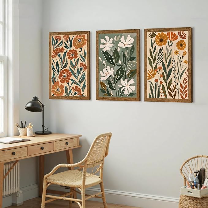 Urmoya 3 Pieces Boho Floral Decor Flower Market Wall Art, 20x30 Inch | Wood framed, Chic green and beige botanical trio, Ready to hang, for living room, Office, or guest bedroom home decor