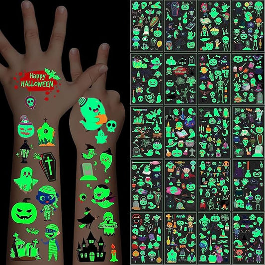 Luminous Halloween Temporary Tattoos for Kids, 360Pcs Halloween Cosplay Face Fake Tattoos, Glow In The Dark Tattoos for Adults, Holiday Party Favor Prizes Goody Bag Stuffers, Body Stickers Decorations