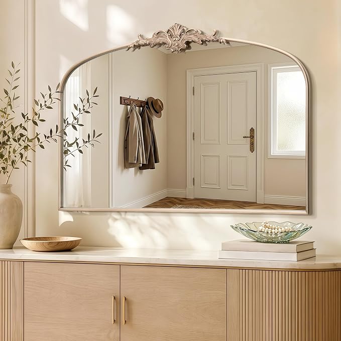 Besdomus Antique Arch Gold Mirror: 55"x36" Extra Large Champagne Decorative | Vintage Baroque Ornate Metal Framed Mirror for Home Renovation Decor - Ideal for Double Vanity/Entryway/Fireplace/Living Room