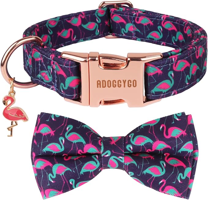 ADOGGYGO Flamingo Dog Collar with Bow Tie, Summer Hawaiian Collar, X-Small