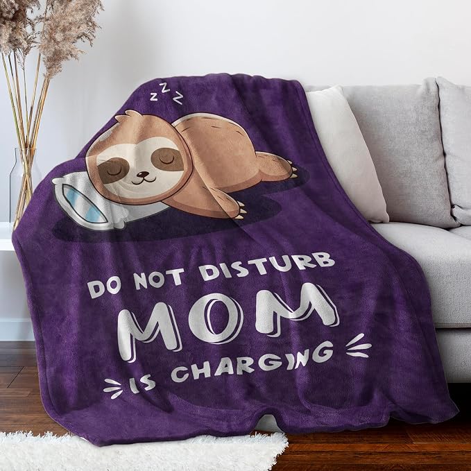 Leebbsin Funny Gifts for Mom, Birthday Gifts for Mom from Daughter Son | Mom is Charging Sloth Blanket, 60" x 80", Purple, Mom Gift for Christmas Mothers Day, Soft Sloth Throws Blanket for Mother
