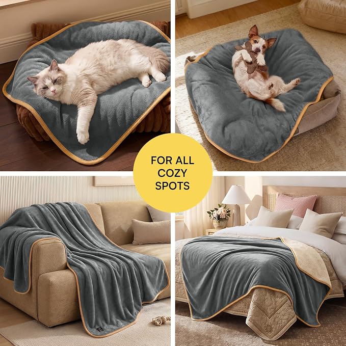 Luciphia Waterproof Pet Blanket, Washable Reversible Sherpa Fleece Throw | Liquid-proof furniture protector for bed and couch, soft reversible sherpa fleece for dogs, cats grey, KING