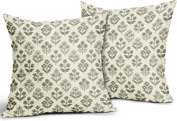 Olive Green Floral Pillow Covers 20x20 Inch Set of 2, Vintage Flower Block Print Pattern Decorative Throw Pillowcases Outdoor Farmhouse Cushion Covers Spring Summer Rustic Sofa Couch Bed Decor