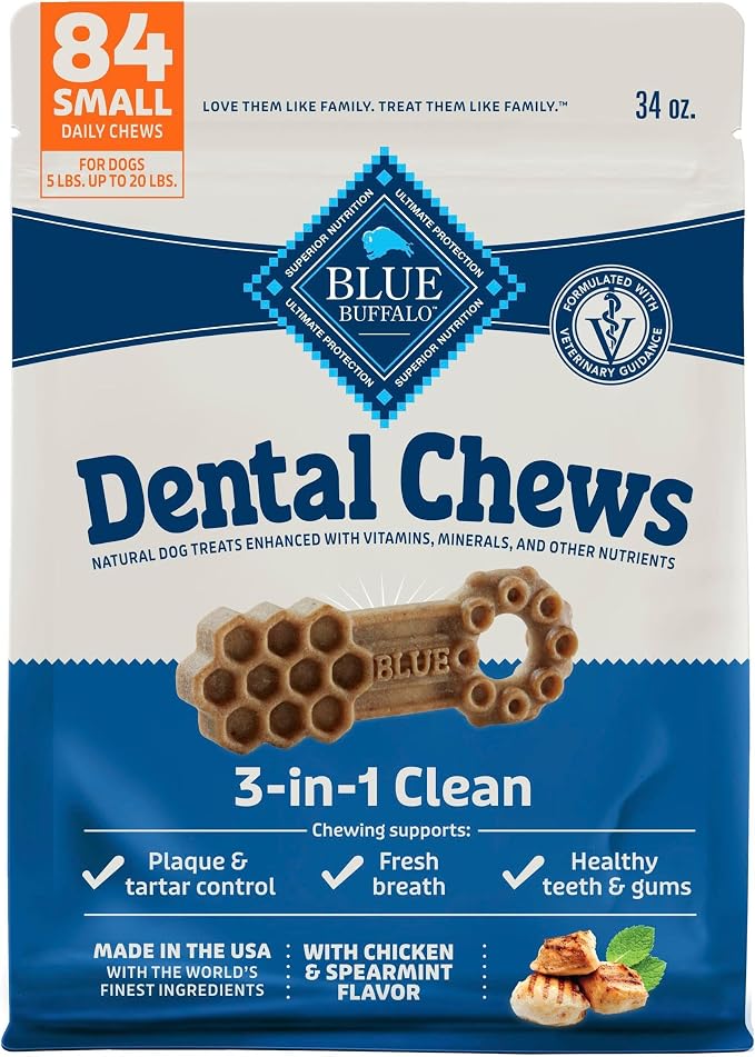 Blue Buffalo Chicken & Spearmint Small Dental Chews, 34 oz, 84 ct | 3-in-1 Clean: Plaque, Tartar & Breath, Made in the USA, No Chicken By-Product, Corn, Wheat, or Soy