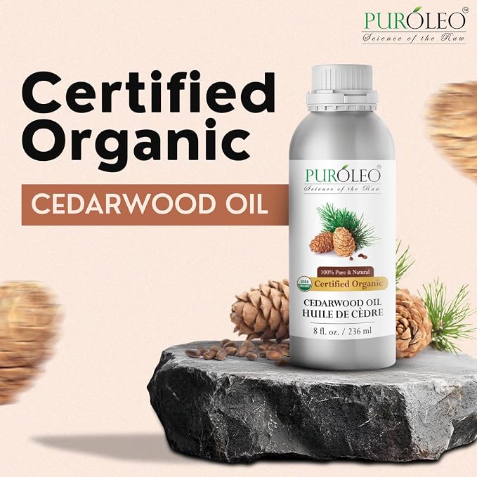 PUROLEO Organic Certified USDA Cedarwood Essential Oil 8 Fl Oz/236 ML (Packed in Canada) 100% Pure Natural Undiluted Oil for Aromatherapy, Massage, Diffuser, DIY Projects, Fragrance | Non-GMO Verified
