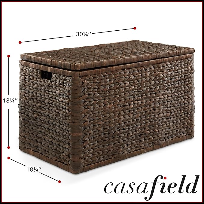 Casafield 30" Storage Chest with Lid, Handles, Safety Hinge - Espresso Dark Brown, Hyacinth Wicker Storage Trunk for Entry Way, Living Room, Bedroom