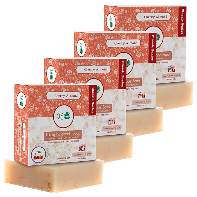 360Feel Cherry Almond Soap - Handcrafted Castile Soap Bar with Soothing Scent - Handmade with Essential Oils - Suitable Gift for Anniversaries, Weddings & Holiday Stockings - Rich Lather - 4-Pack