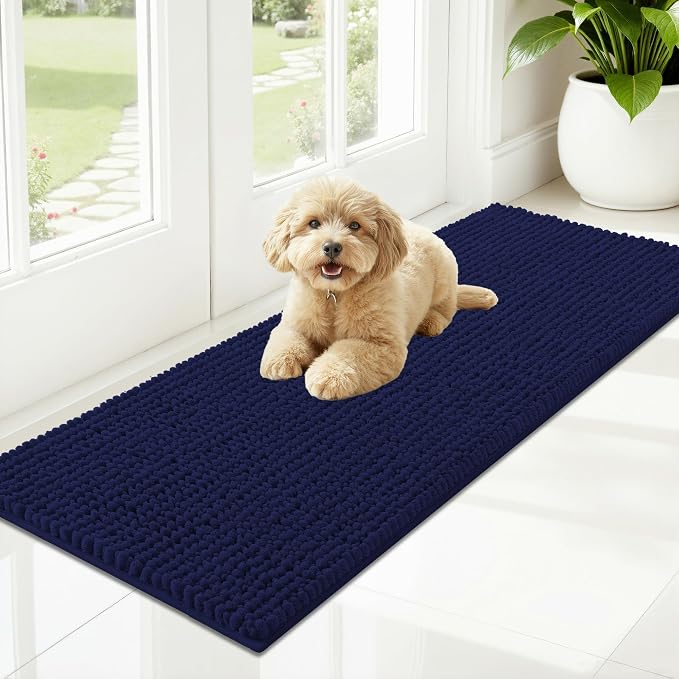 OLANLY Dog Door Mat for Muddy Paws 47x17, Extra Absorbent Chenille Mud Mat | Navy Blue, Absorbs Moisture and Dirt, Non-Slip Machine Washable Doormat, Quick-Drying Indoor Entryway Floor Mat for Dogs