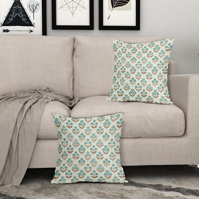 Brown Cyan Floral Block Print Pillow Covers 20x20 Inch Set of 2, Vintage Flower Pattern Decorative Throw Pillowcases Outdoor Farmhouse Cushion Covers Spring Summer Rustic Sofa Couch Bed Decor