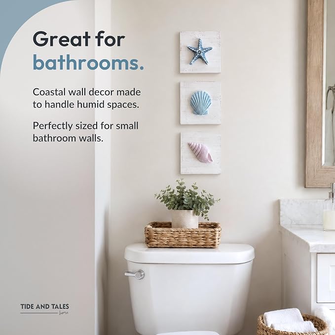 Tide and Tales 3D Beach Wall Art, Coastal Bathroom Wall Decor, Set of 3 | 6" x 6", Textured 3D Seashells Room Decor, Lightweight, Hand Painted, Beach Decorations for Home, Hanging Ready, Gift Boxed