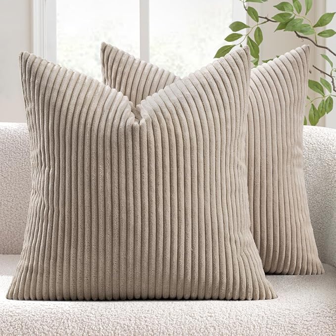 MIULEE Decorative Corduroy Throw Pillow Covers Set of 2 20x20 Light Brown | Soft Striped Textured Cushion Cases, Boho Rustic Square Pillowcases for Home Decor, for Couch Chair Sofa Bed Living Room