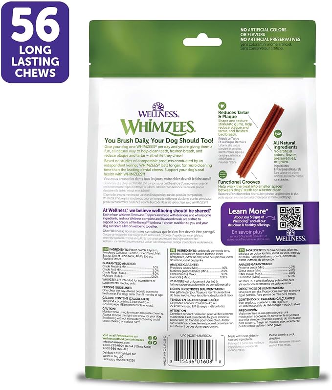 Wellness WHIMZEES Stix Natural Dog Dental Treat, Chews, Freshens Breath, Extra-Small Size, 14.81 oz Bag, 56 Count